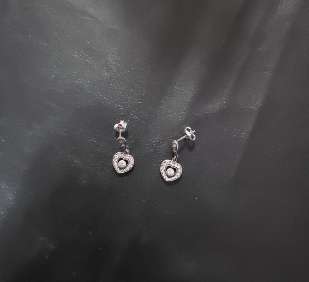 Silver Heart Drop Earrings with Cubic Zirconia Accents